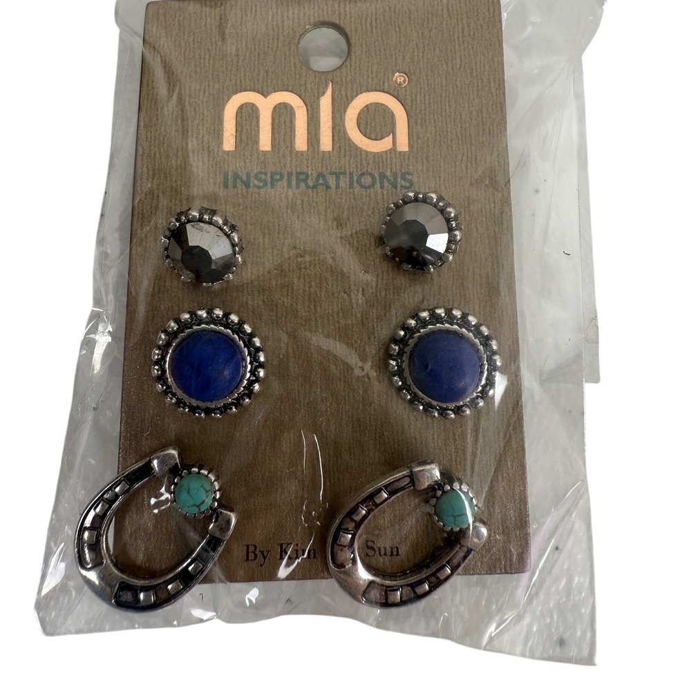 NEW‎ Mia Inspirations Earrings Set Studs Western Turquoise Blue Stone Silver